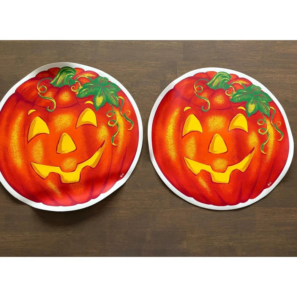 Vintage Pair Of Pumpkin/Jack-O-Lantern Round Vinyl Foam Placemats